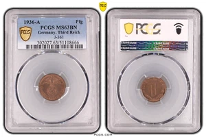 **PCGS MS63 BN* 1 Pfennig 1936 A SWASTIKA Germany Third Reich Coin * None higher - Picture 1 of 6