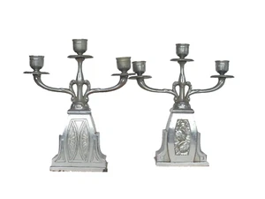 antik Art Deco oder Nouveau Belgium Chrom gefüttert Paar 2 Stck. Kerzenhalter Dreifach - Bild 1 von 12