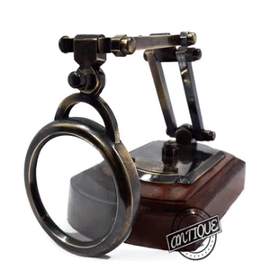 Magnifying Glass Desktop Magnifier Antique Brass Wood Base Desk Deco Christmas G - Picture 1 of 9