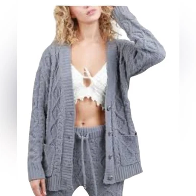 POL 粗线针织开衫毛衣柔软毛绒纽扣前女式小号灰色 — 第 1/4 张图片