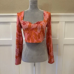 Crop top Zara jacquard rosa/arancio taglia:L donna scollo a cuore manica lunga - Foto 1 di 12
