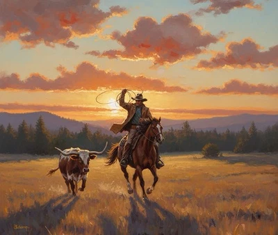 Pintura al óleo original occidental pintada a mano 36x30” vaquero cuerda novillo, firmada Foto 1 de 4