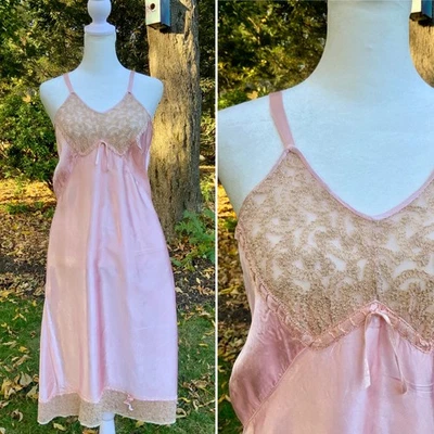 1930s Pink Rayon Satin Slip Dress Lace Bodice Bias Cut Vintage Lingerie S - Image 1 of 4
