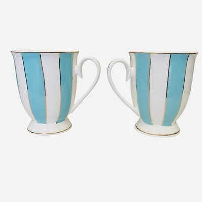 Cynthia Rowley Porcelain Striped Mugs Set Of 2 Turquoise White Gold Stripe￼￼ - Image 1 of 4