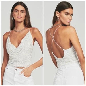 Retrofete Michal Pailletten Top weiß silber Perlen Größe M (siehe Beschreibung) - Bild 1 von 15