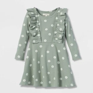 Grayson Collective Toddler Girls' Daisy Ribbed Ruffle Long Sleeve Dress - Sage - Picture 1 of 1