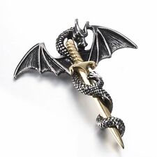 Vintage Mens Sword Cross Dragon Pendant Necklace Gold Stainless Steel Jewelry