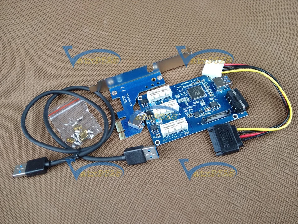 One New PCI-e Express 1X to 3 Port 1X Switch Multiplier HUB Riser Card+USB Cable - Image 1 of 1