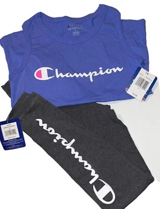Champion Girls Athletic Leggings + Shirt SZ Small (8) NWT Granite Heather/purple - Picture 1 of 6