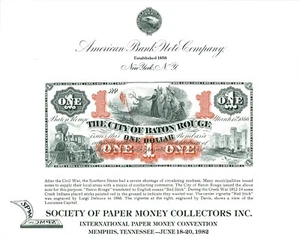 ABNC Souvenir Card of City of Baton Rouge $1 note for SPMC 1982 Show - Picture 1 of 1