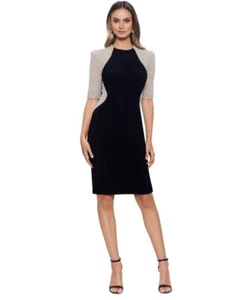 Xscape Women's Illusion Sheath Dress petite BLACK Nude Silver Beaded Size 8P NEW - Picture 1 of 4
