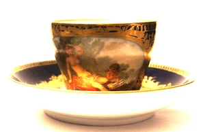ANTIQUE MEISSEN CHERUBS, WOMAN AND MAN CUP & SAUCER - COBALT & GOLD - Picture 1 of 18