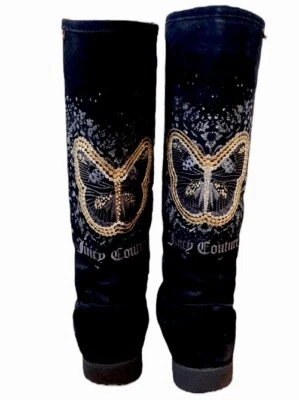 VTG  Juicy Couture Angelica Butterfly Sequin Black Suede Winter Boots Y2K SZ 6 - Изображение 1 из 4
