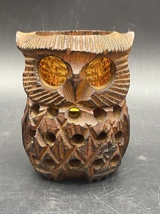 Wooden Owl Candle Holder Amber Glass Votive Hand Carved Witco Retro Rustic Style - Picture 1 of 17
