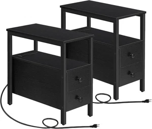 Set of 2 End Tables with Charging Station Side Table Nightstand Black - Picture 1 of 9