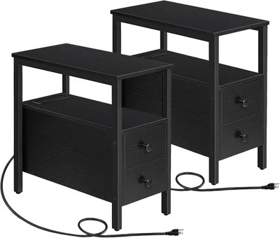 Set of 2 End Tables with Charging Station Side Table Nightstand Black - Image 1 of 4