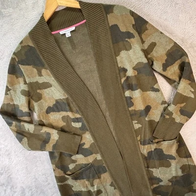 Isaac Mizrahi Live Women's XS Olive Green Camo Open Front Long Cardigan Sweater - Image 1 of 4