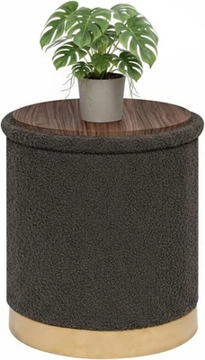 Grey Boucle Large Round Storage Ottoman Foldable Footrest with Tray Lid - Image 1 of 4