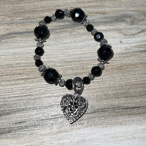 Floral Locket Charm Stretch Beaded Bracelet Silver Tone  - Picture 1 of 8