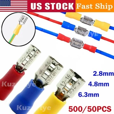 500pcs Electrical Spade Crimp Connector 2.8mm 4.8mm 6.3mm Female Spade Connector - Image 1 of 4