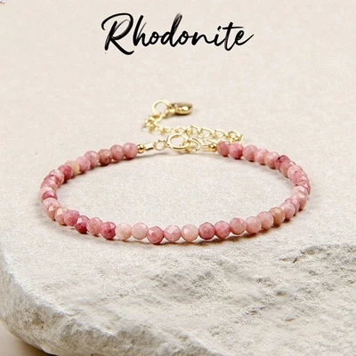Natural Rhodonite Dainty Bracelet Pink Gemstone Beads Healing Crystal Bracelet - Image 1 of 4