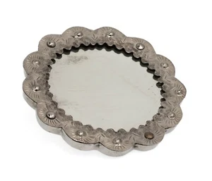 Antique Indo-Persian White Metal Hand Mirror Embossed & Animalia Mount - Picture 1 of 4
