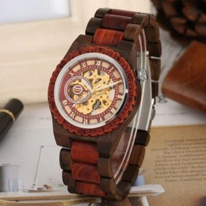 Antique Automatic Mechanical Wooden Watch for Men Natural Wood Full Bamboo Band - Picture 1 of 17