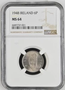 Ireland 6 Pence 1948 NGC MS 64 - Picture 1 of 2