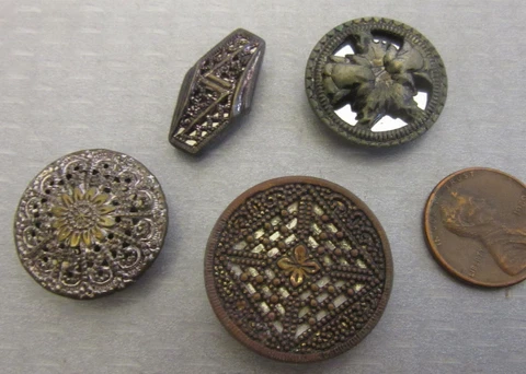 Antique BRASS TIN MIRROR TWINKLE BUTTON LOT 4P Victorian mixed metal hump shanks Cover