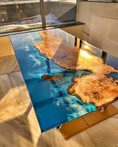 Beach Theme Custom Handmade Epoxy Olive Wood Table – Coastal-Inspired Dining, Co - Picture 1 of 10