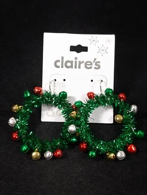Christmas Wreath Bell Charm Dangle Pierced Earrings Holiday Winter NEW - Image 1 of 4