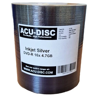 RIVER MEDIA 100 x ACU-DISC Pro Range Silver Inkjet Full Face Hub Printable DVD-R 4.7GB 16x