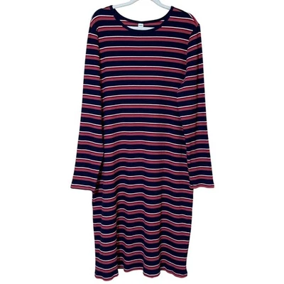 Old Navy Rib-Knit Midi Shift Dress Long Sleeve Navy Stripe XL - Image 1 of 4