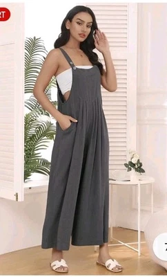 Macacão Boho Lagenlook Feminino G Grande Perna Larga Casual Babador 100% Algodão Macacão - Imagem 1 de 4