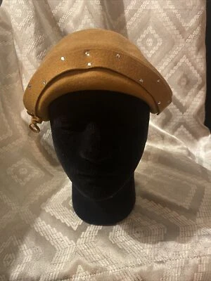 VINTAGE 1950’s Merrimac HAND BLOCKED WOOL PILLBOX HAT W/  TRIM & RHINESTONE - Image 1 of 4