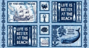 23" Fabric Panel - Studio E Indigo Coastal Whale Ship Beach Blocks Blue - Picture 1 of 1