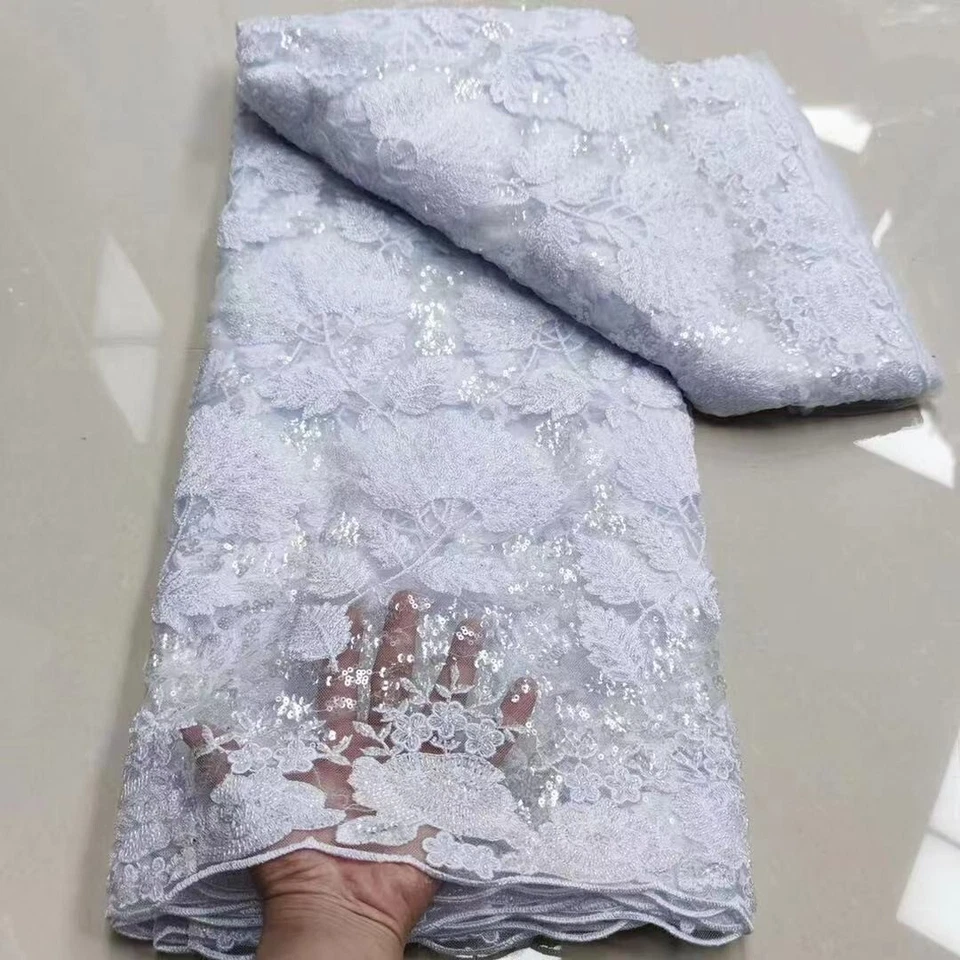 Tela de encaje blanca hecha a mano Telas de encaje con cuentas africanas Tissu lujo francés... Foto 1 de 1
