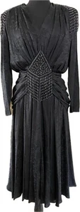 Vintage D’Ore 80s Black Silk Beaded Fringe Party Dress Art Deco Dynasty Sz 6 - Picture 1 of 9