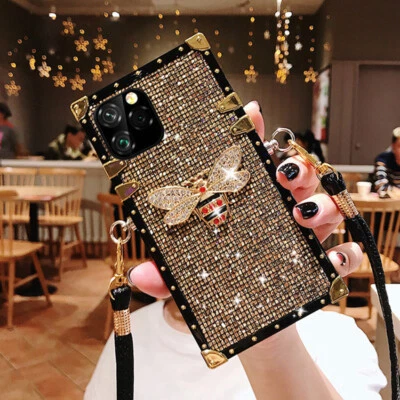 For iPhone 13 Pro Max 12 11 8 XS XR Glitter Diamond Bee Strap Case Cover - Image 1 of 4