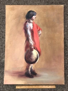 Original Oil on Canvas Painting by C Winslow Woman w Red Scarf 18x24 Unframed - Picture 1 of 7