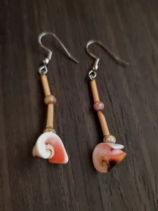 Shell Dangle Earrings, Bamboo Stone Beads - Pink Cream Brown - Picture 1 of 6