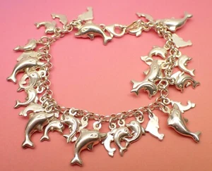 Bracciale Charm Un Pod di Delfini Argento Sterling 925 Italia 3D 7-1/8" 19,9g - Foto 1 di 12