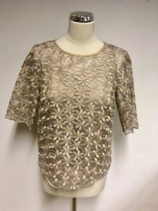 BODEN GOLD LUREX EMBROIDERED MESH WITH CAMISOLE LINING SHORT SLEEVE TOP SIZE S - Picture 1 of 4