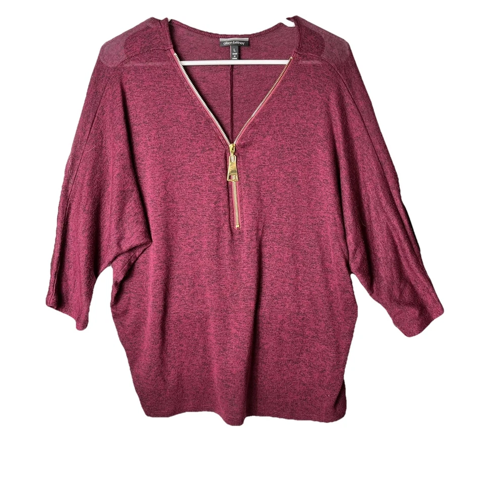 Suéter Allison Brittney (Talla L) Para Mujer Borgoña Tejido Fino Cremallera Cuello en V Foto 1 de 4