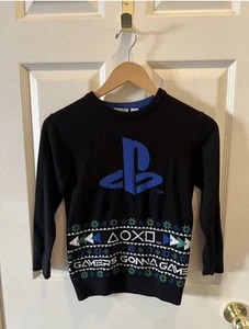 Playstation Logo Knit Christmas Sweater Black w/ Blue Green & White Size 8-10 - Picture 1 of 10