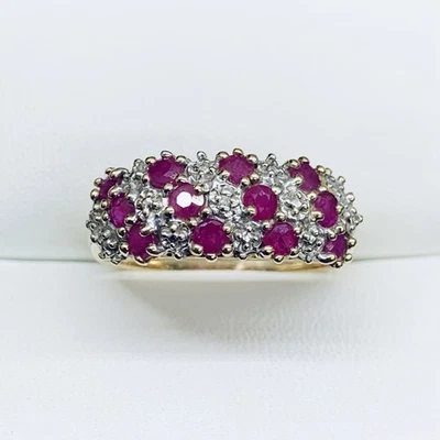 Vintage 10k Yellow Gold Natural Round Ruby & Diamond Cluster Pave Ring Size 7.5 - Image 1 of 4
