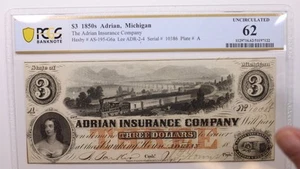 18__ 3 $, Adrian, Michigan., Obsolete Currency., PCGS CU-62., Store #GMI0100. - Bild 1 von 2