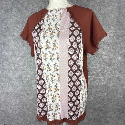 Top túnica de mujer mediano boho estampado de retazos manga corta terroso cottagecore Foto 1 de 4