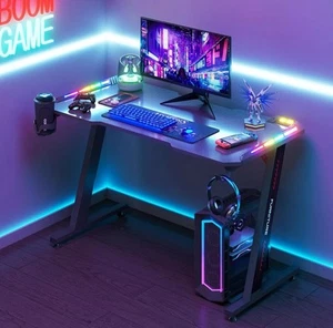 Gaming Desk LED Gaming Workstation RGB Light Computer Desk Z Shaped, Black Aus - Picture 1 of 8