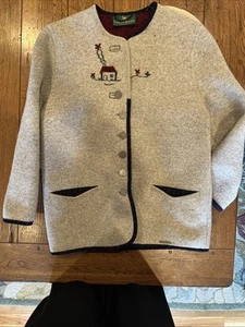 VTG GIESSWEIN Austria WOMENS JACKET SIZE 8 Beige Pure New Wool Embroidered House - Picture 1 of 10